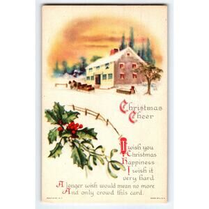 Vintage 1925 Christmas Postcard Snowy House Holly & Sleigh Scene